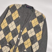 カシミヤ100% SCOTTISH スコッティシュ アーガイル柄 Vネック ニット カーディガン XL/グレー系 メンズ
