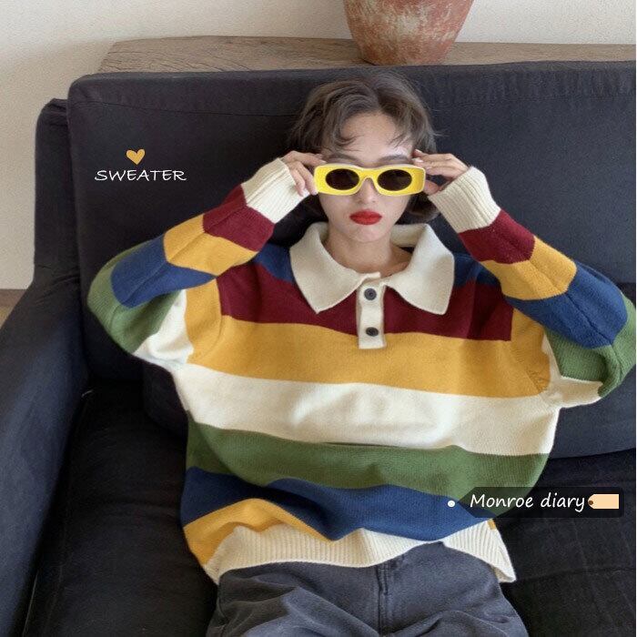 カラーストライプセーター コート スプリングスタイルルーズニットトップス 春物 モンロー28418399564