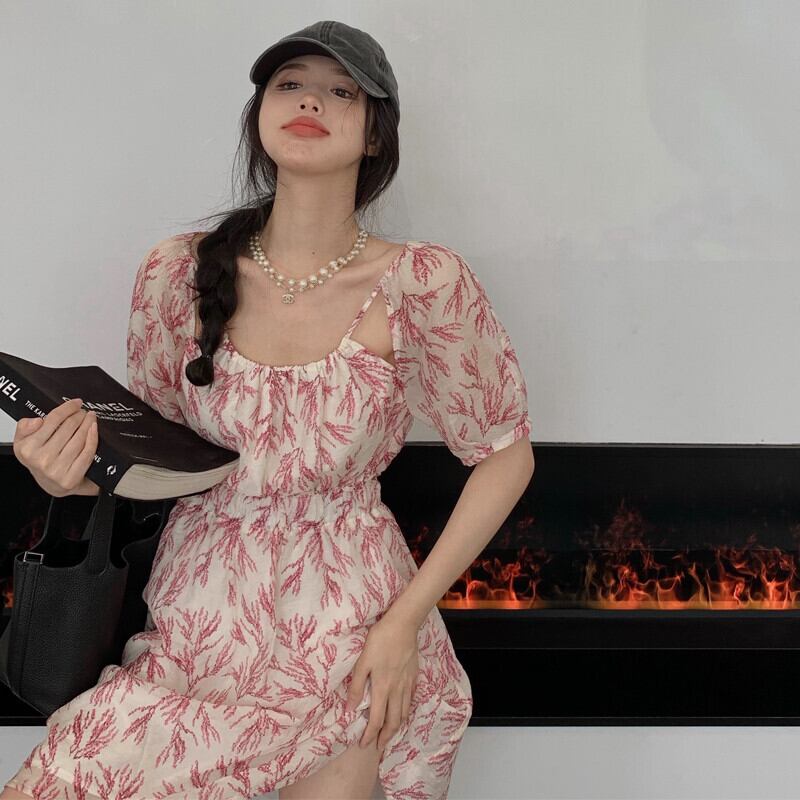 スタンダードプリント柄ドレス サマーウェストスカート ショート レトロ 大人ガーリー スウィート キュート カジュアル 夏物 ガールズファッション42025067582