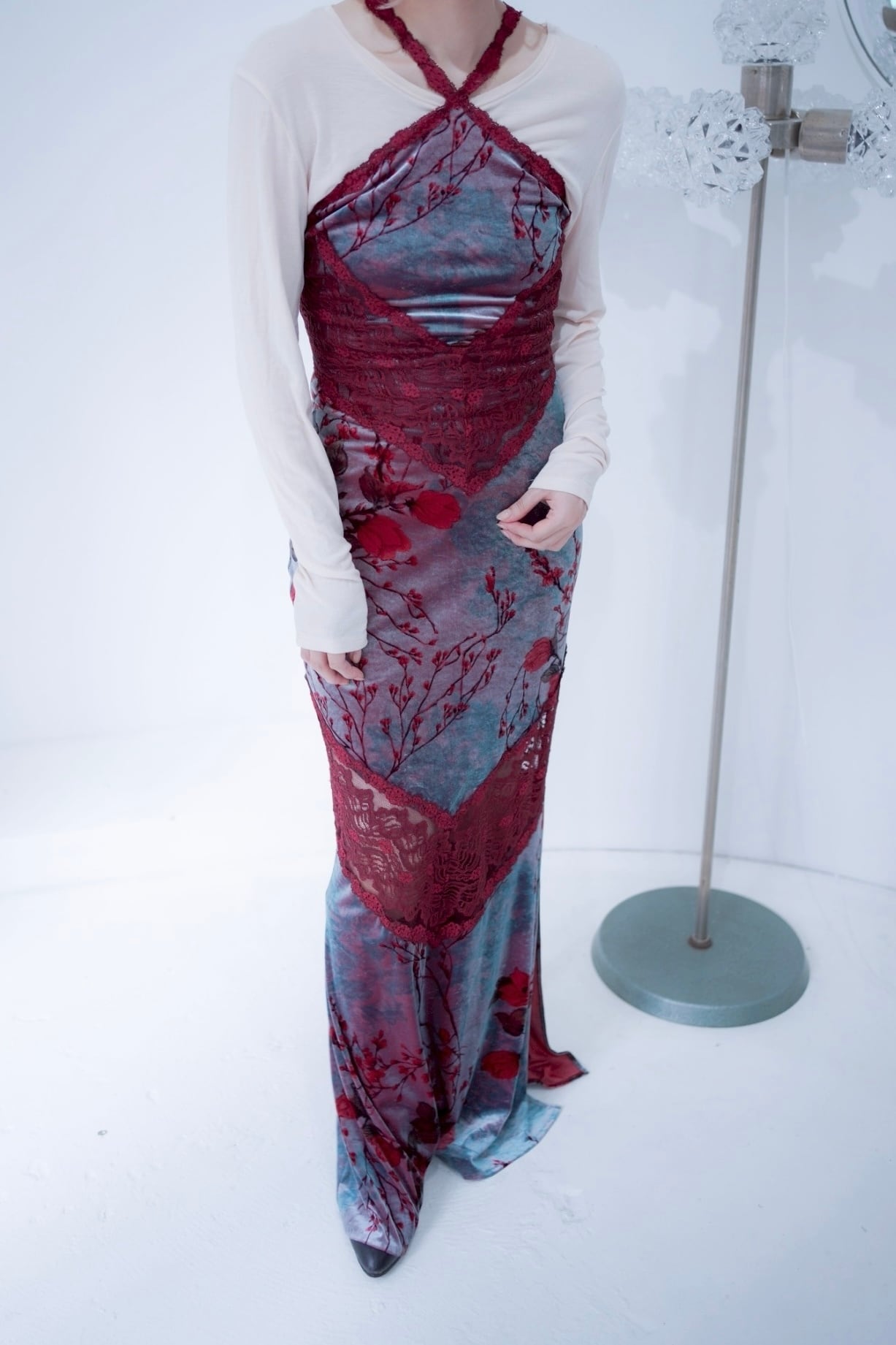 flower lace velours long dress