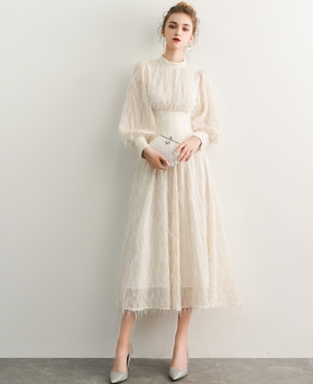 シャンパン ロング丈 ハイネック フリンジ パーティードレス ipd0411