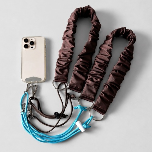 チョコミント色 スマホショルダー ストラップ（ブラウン×水色）クシュクシュ×パラコード紐 撥水ナイロン｜スマホストラップ 肩掛けショルダー iPhoneストラップやカメラストラップにも◎