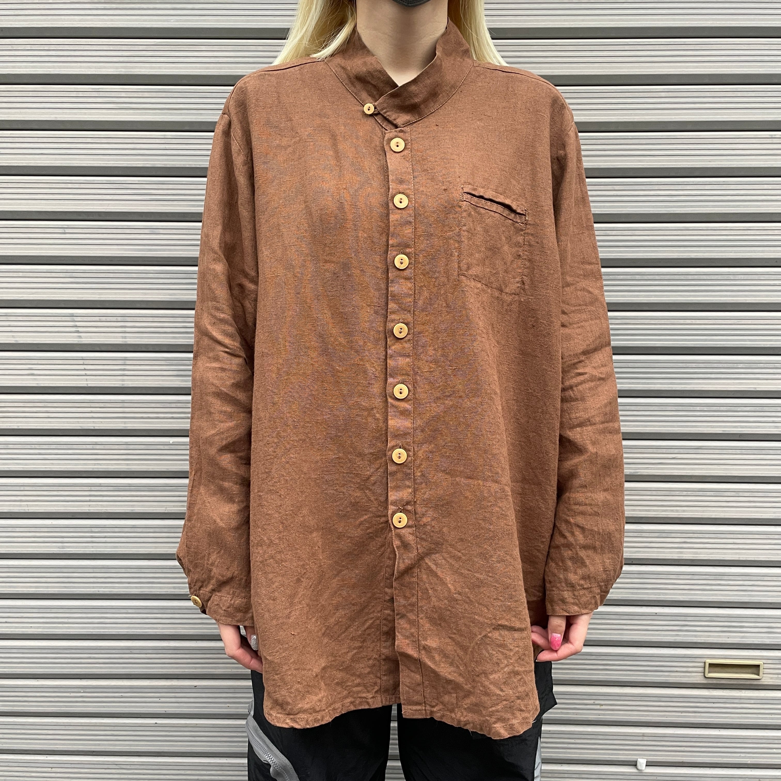 FLAX スタンドカラー 長袖 リネンシャツ メンズL相当 古着 ブラウン