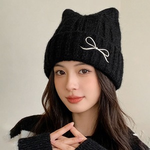 ニット帽 レディース 秋冬 猫耳 リボン付き ビーニー シャギーニット リブ 折り返し ニット キャップ 韓国 Y2K バレエコア 防寒 保温 ガーリー 大人可愛い 推し活 ライブ イベント 通学 お出かけ [LW-CGH003]
