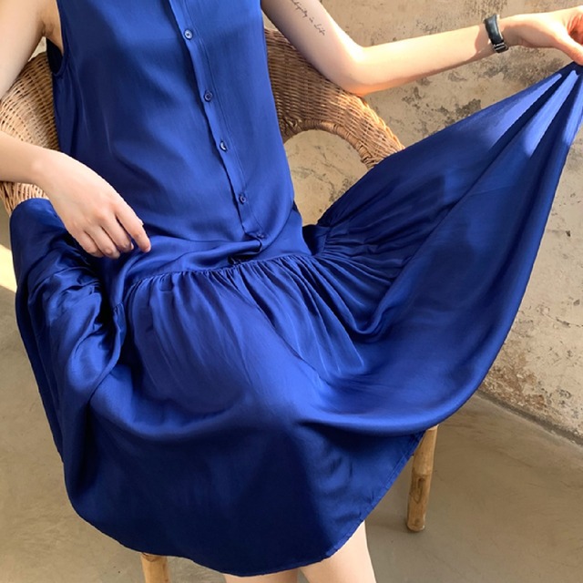 C ワンピース 2way 自由アレンジ レトロ 夏 ノースリーブ フレア ギャザー ロイヤルブルー ドレープ 上品 好印象 In The Moon
