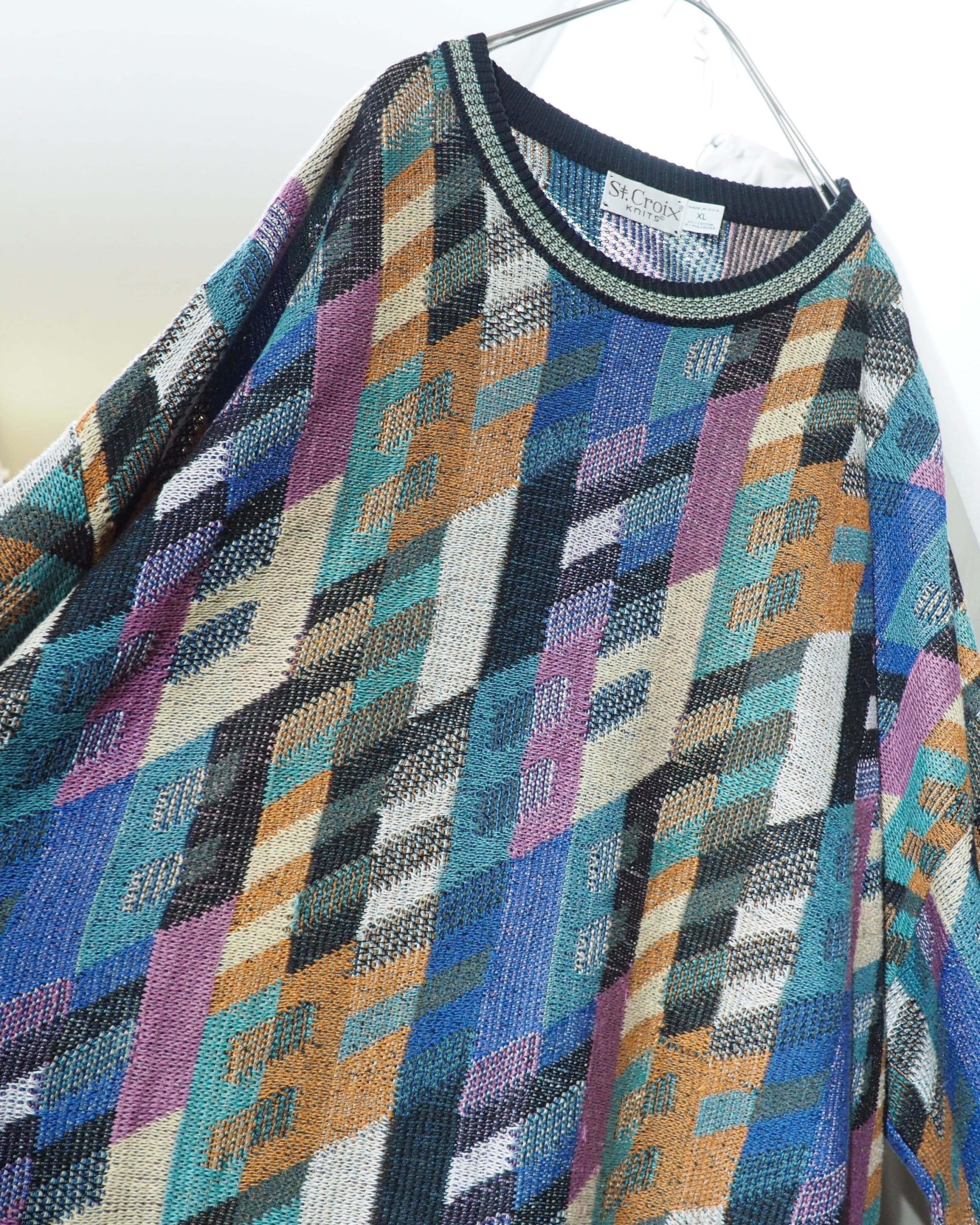 1990s " St.croix - Made in USA " Colorful pastel Block pattern vintage loose knit