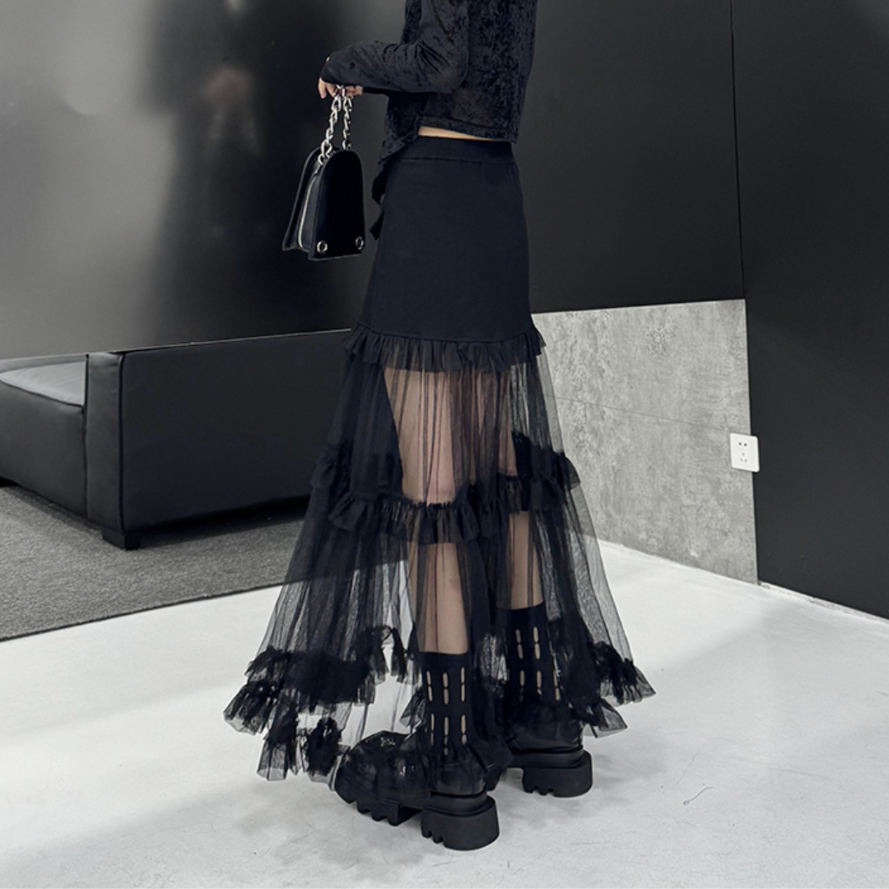 Patchwork Mesh Midi Skirt(ME031)