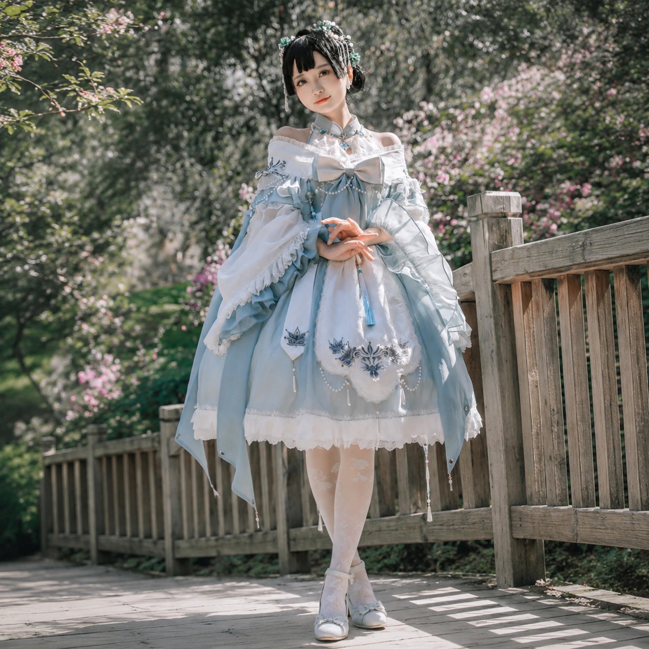 ロリータファッション 清風の花園オープンショルダー中華ロリータ