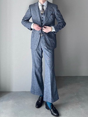 [3PIECE] vintage tweed suit - single jacket × vest × flare trousers / blue