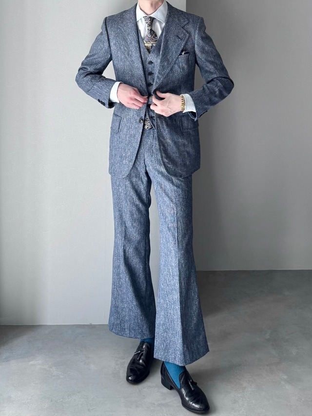 [3PIECE] vintage tweed suit - single jacket × vest × flare trousers / blue