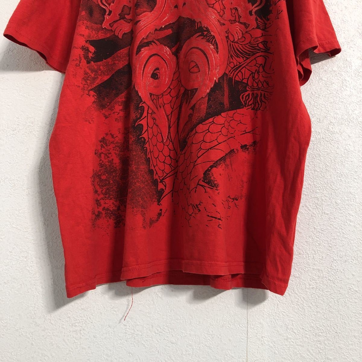半袖 プリント Tシャツ M位 レッド ドラゴン ビッグプリント 古着卸