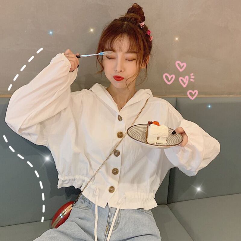 ショートトップス オータムルーズ薄手フードギャザーシャツ ロング 秋物 萌量不足84631499979