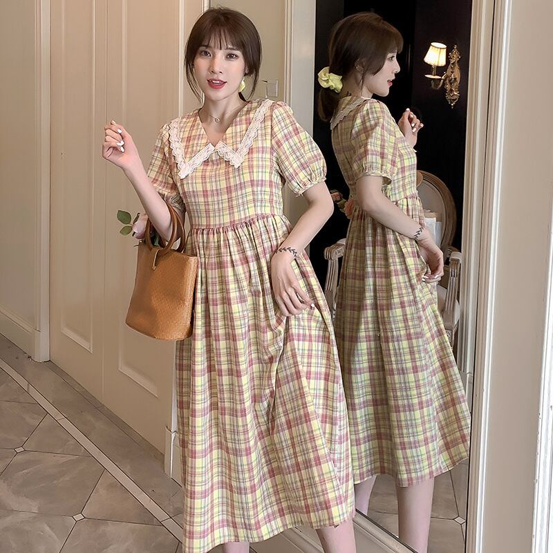 【新作】【送料無料】 マタニティウェア2020夏の新しい綿とリネンの格子縞の年齢を減らす人形の襟のドレス、流行の母親の産後の看護スカート-アリババ コットン サマー 夏物 expec226500963502