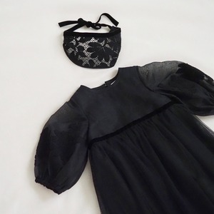 Puff sleeve lace Kids dress & head accessory（Black）90