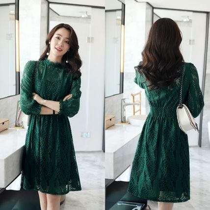 深緑 七分袖膝丈パーティードレス 結婚式 二次会 発表会 ママ | BIANKA