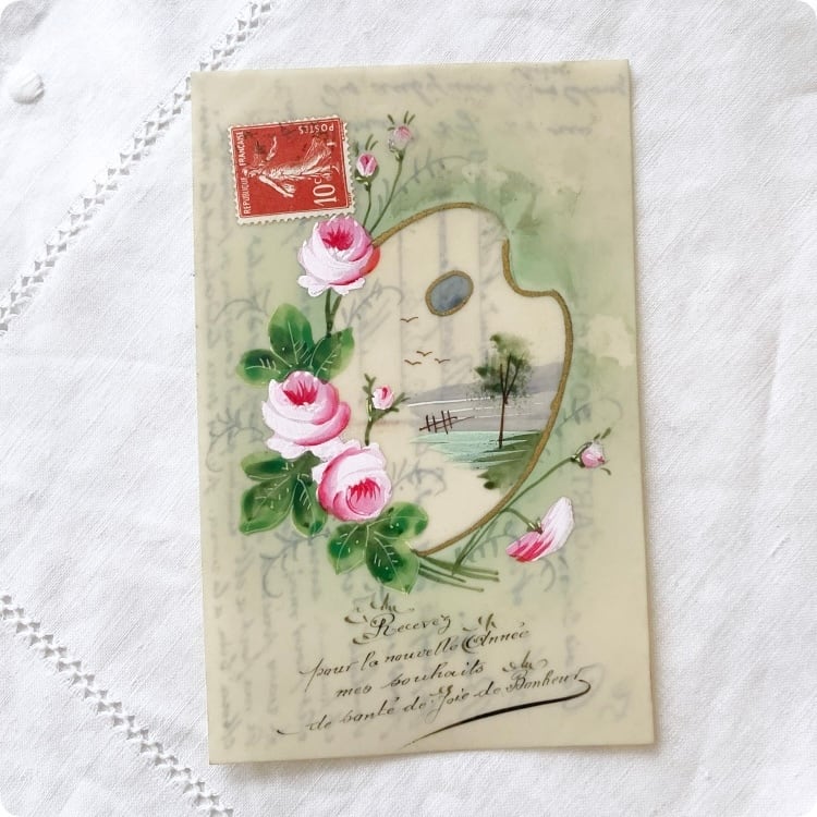 フランスアンティークポストカード　セルロイドポストカード　薔薇　ハンドペイント フランスアンティーク セルロイド ポストカード | 薔薇のブーケ ハンド