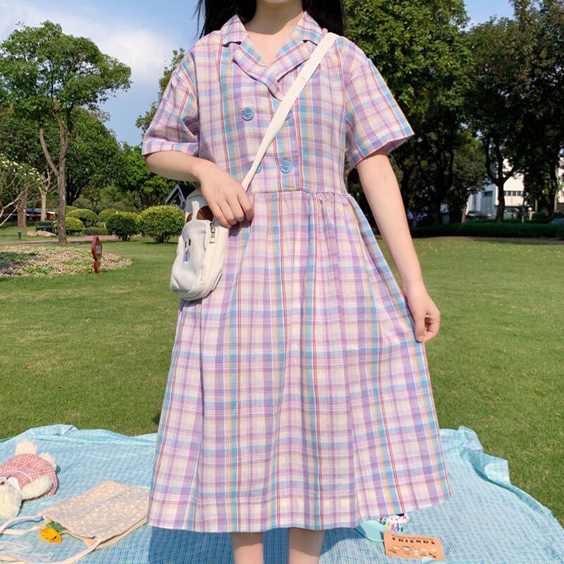 スタイルルーズダブルブレストウェストスカート 格子柄ドレス サマー 夏物 萌量不足73357579581