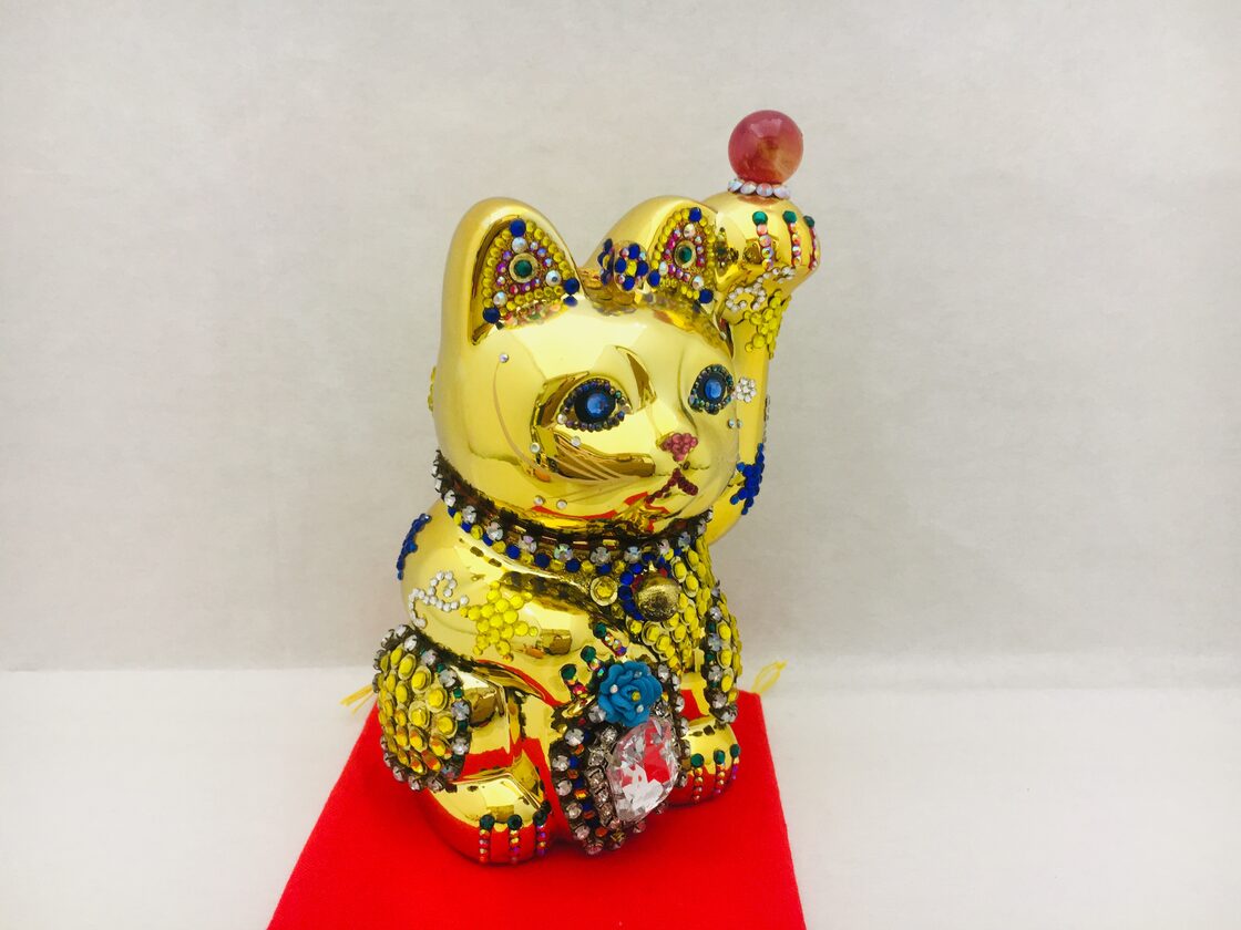 値下げ］ジュエリー招き猫「金運手長左手上げ招き猫」商売繁盛,財運 