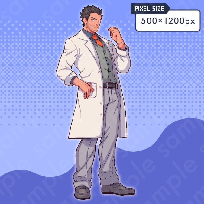 ドット絵立ち絵素材】白衣を着た髭を生やした黒髪男性キャラクター