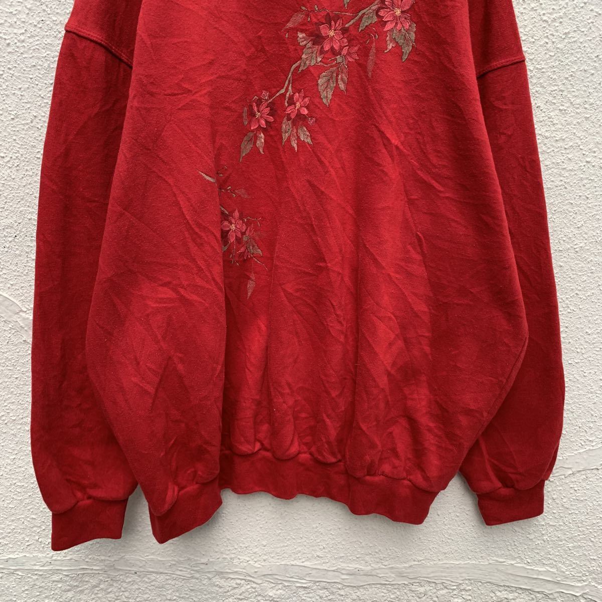 スウェット トレーナー レディース L レッド 花柄 プリント 裏起毛
