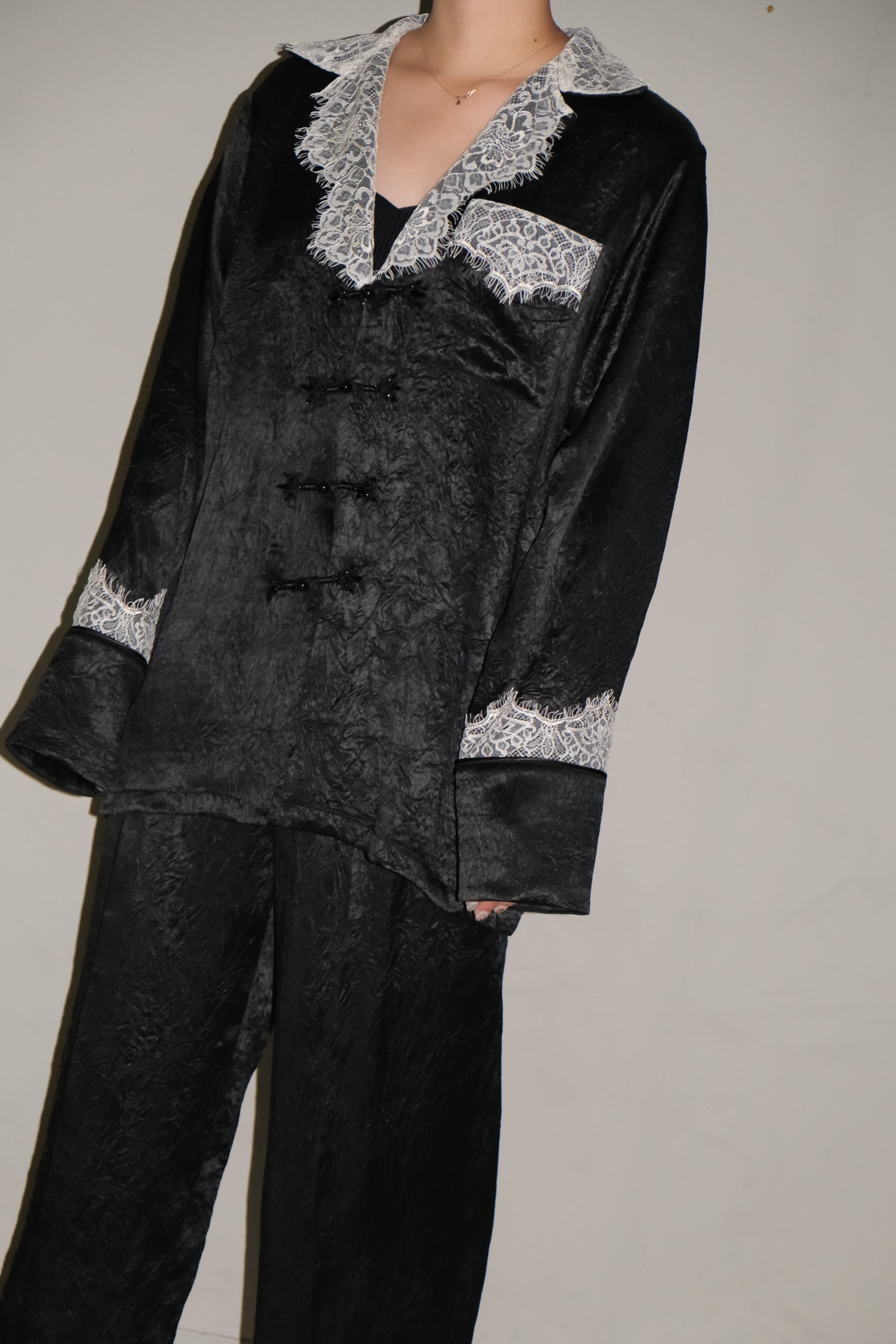 Tanaka Daisuke】lace collar sleep china button shirt | loop