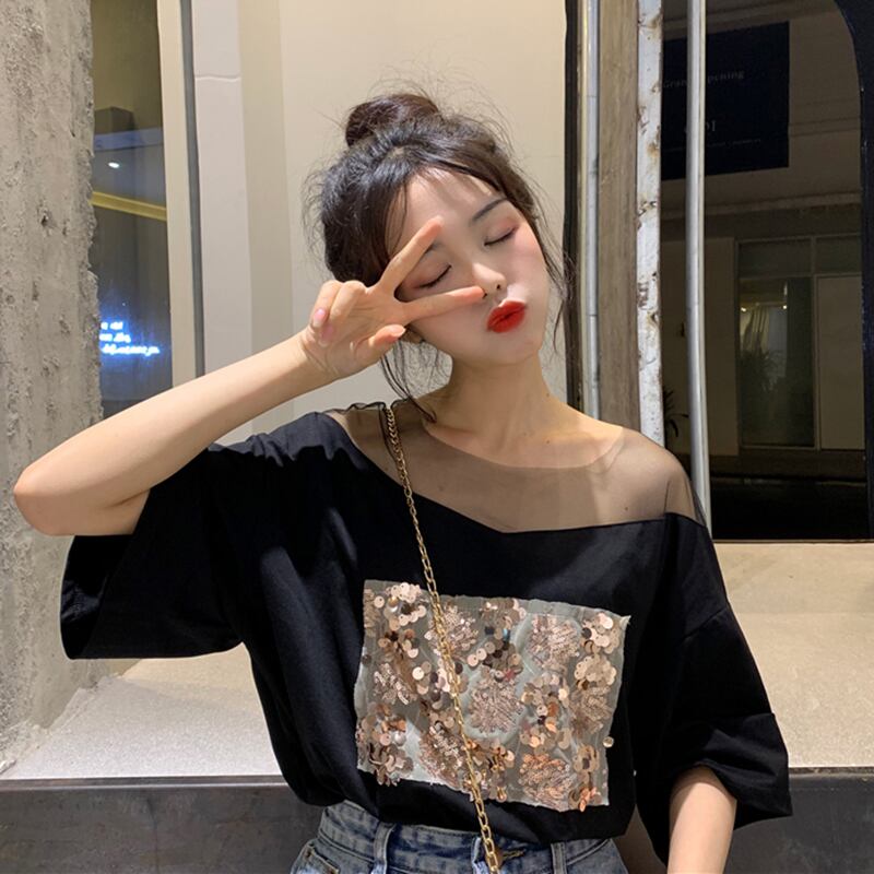 ネットレッドウエスタンスタイルステッチ半袖Tシャツレディース2020年夏ワイルドルーズブラックボトミングシャツトップの新バージョン 1号婦人10551497313