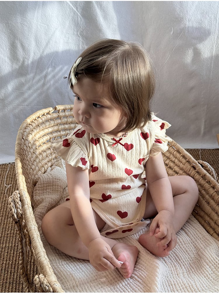 肩フリルリブ透かしコットンロンパース