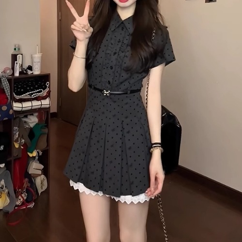 レースヘムドットフリルプリーツワンピ ・78647