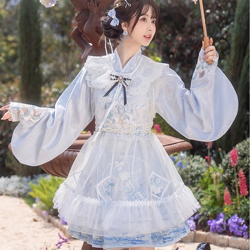 中華ロリータ｜水色刺繍漢服4点セット（白×水色）お茶会・撮影会