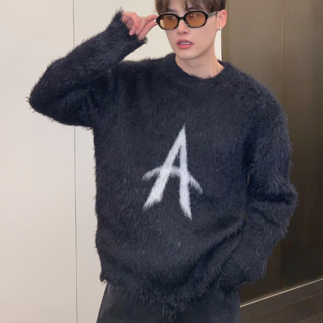 【予約販売】ニット セーター グレー/ブラック ダメージ加工 モヘア シック メンズ シンプル こなれ感 ベーシック お洒落 韓国 トレンド 秋冬 M/L/XL