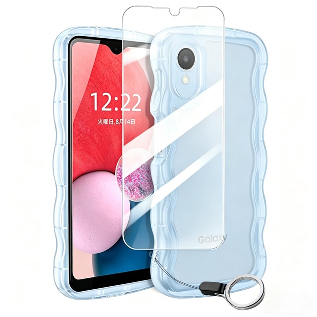 Yochin 【1+1枚セット】対応 Galaxy A23 5G 用 ケース + 強化ガラスフィルム SC-56C/SCG18 カバー クリア TPU ウェーブ おしゃれ 可愛い 滑り止め 薄型 軽量 耐衝撃ケース - 9H 硬度 高透過率 気泡ゼロ 飛散防止 強化ガラスフィルム