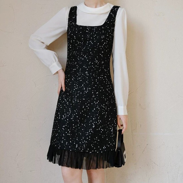Flower sequins tweed dress　M1725