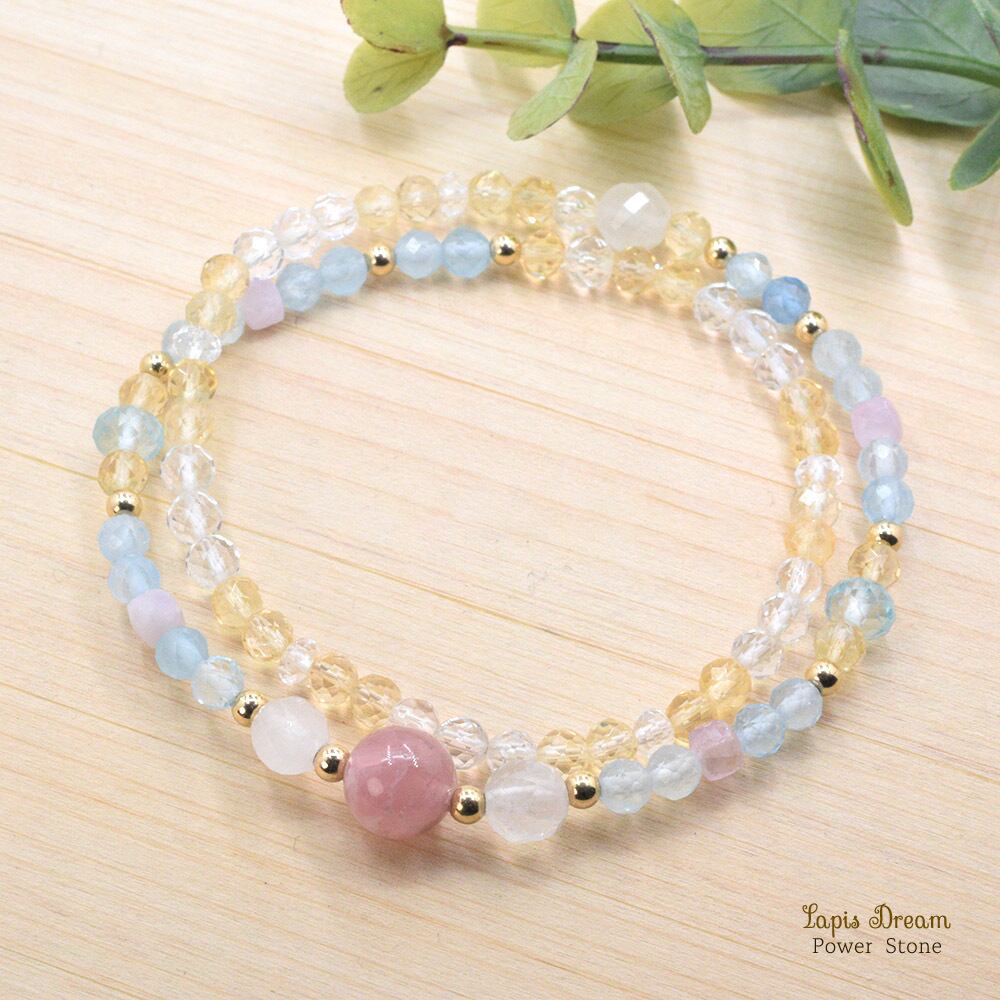 疲れた心を癒やし、幸せを呼び寄せるお守り | ローズクォーツ、アクアマリンのパワートーン ブレスレット