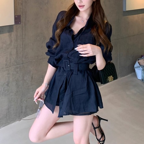 【2点セット】ウエストマークシャツワンピ＋ショーパン ・12081