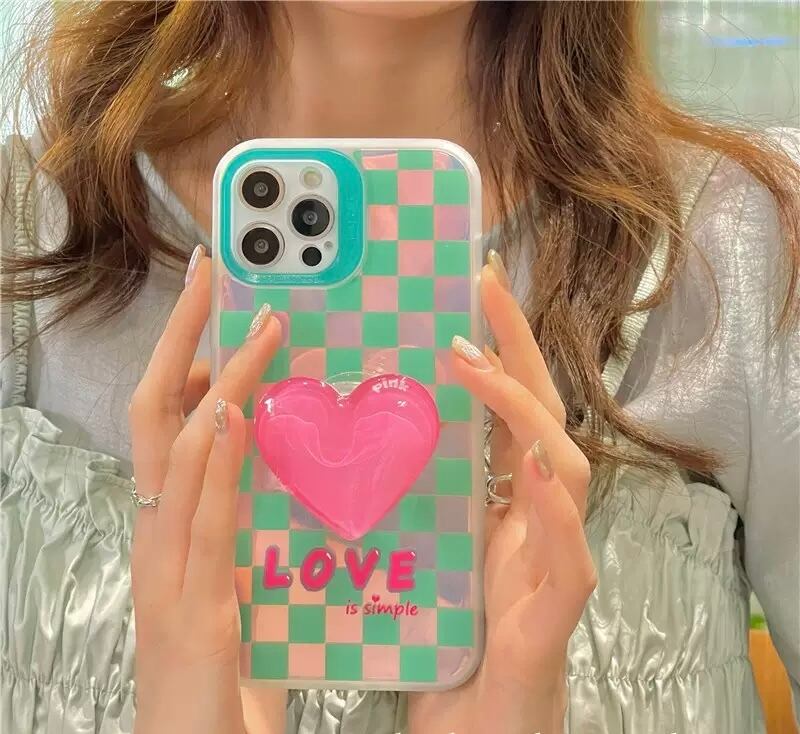 ぷっくりハートの グリップ付き チェック柄 スマホグリップ付き Iphoneケース Iphoneカバー スマホ スマホグッズ ポップソケット カラフル 立体的 ハート シリコン Lamitte Deco トレンド 韓国ファッション ショップ Base店