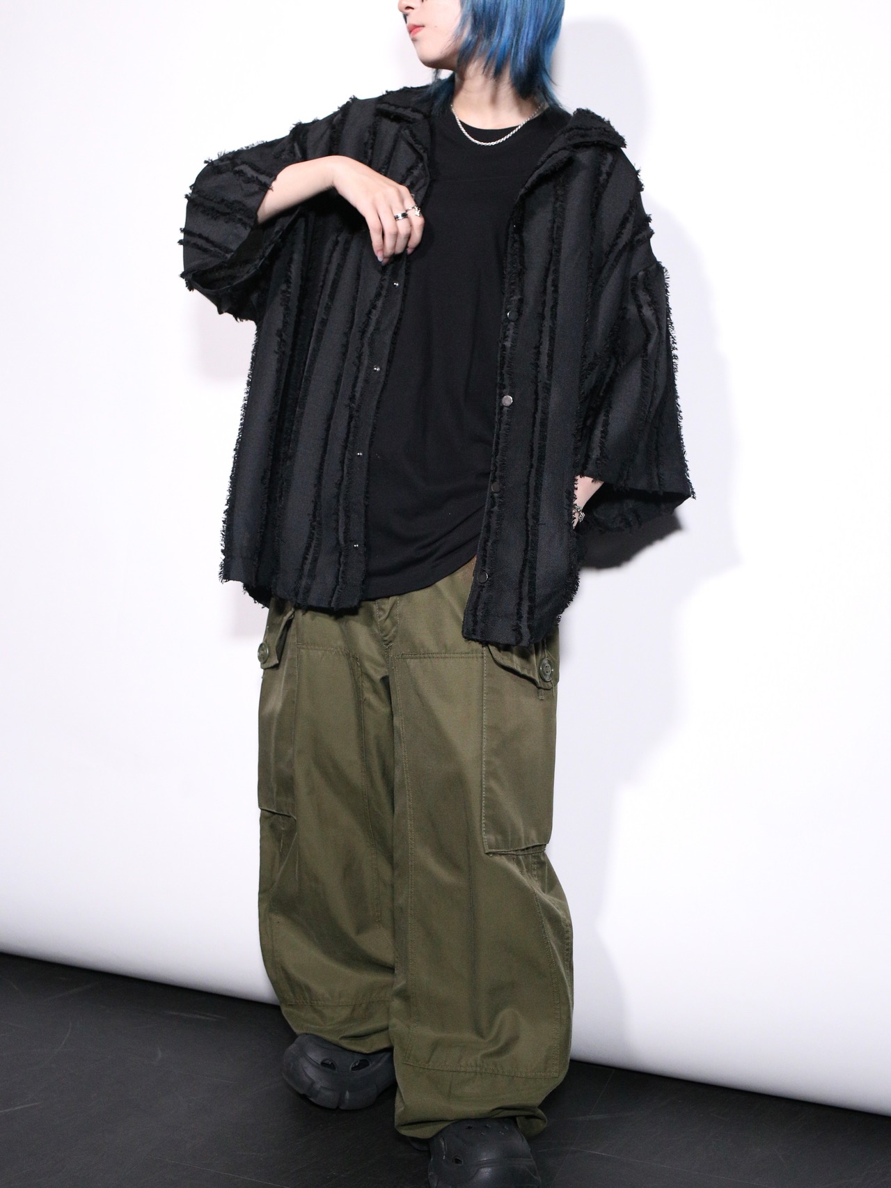 XXL fringe stripe open collar shirt - 3