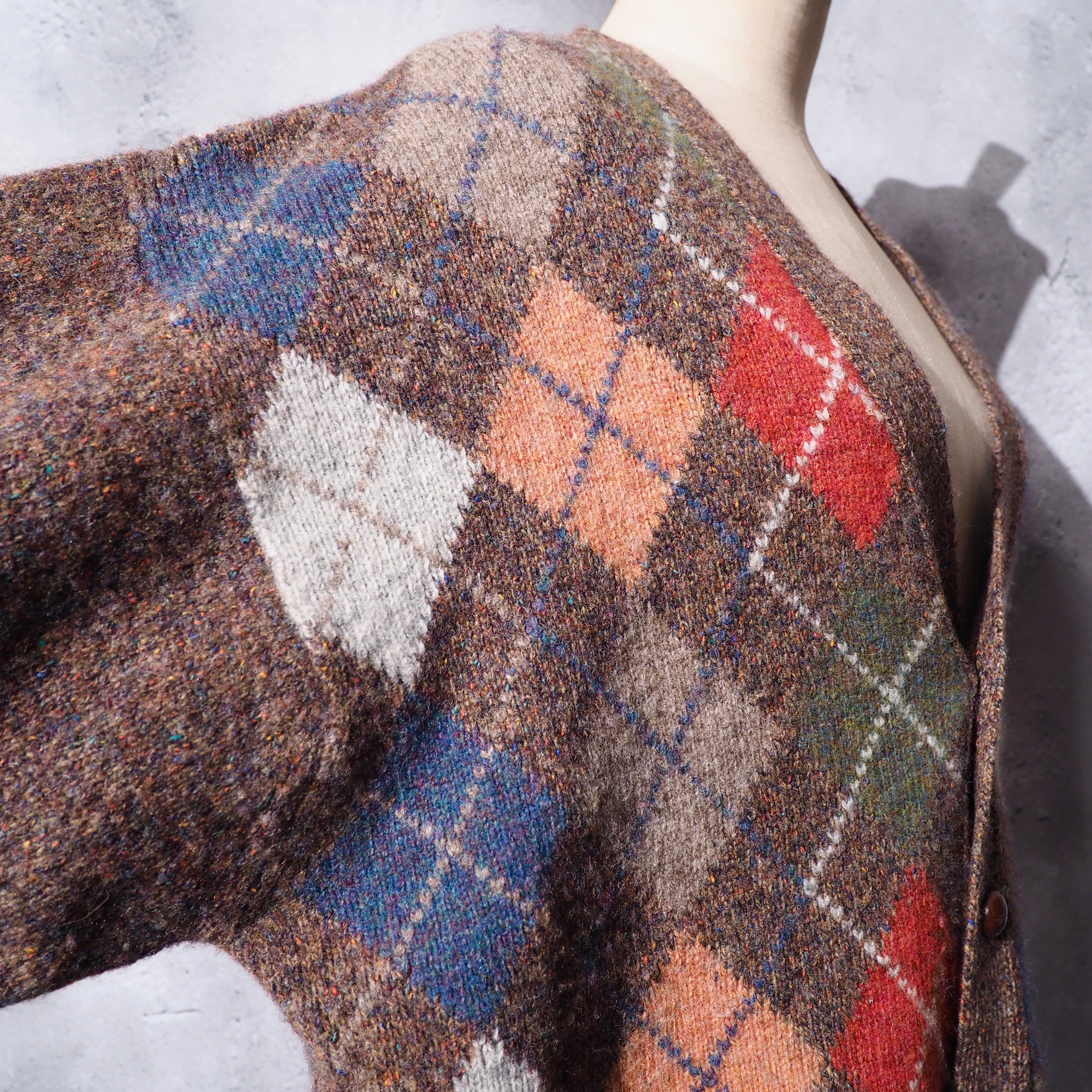 1990s Colorful argyle check × Nep vintage loose knit cardigan ( made in Ireland )