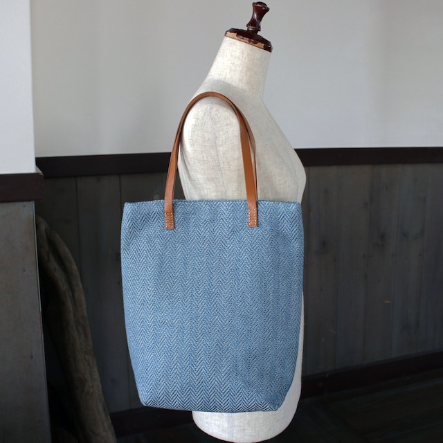藍染リネン手織りトートバッグ（sb297)ヘリンボーン柄