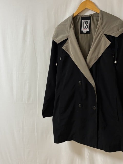 1990's Bi-Color Switched Design Hooded Coat with Belt
