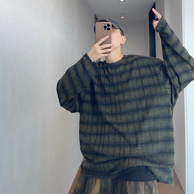 dannyandzeeダメージ加工チェック柄ロングスリーブTシャツ