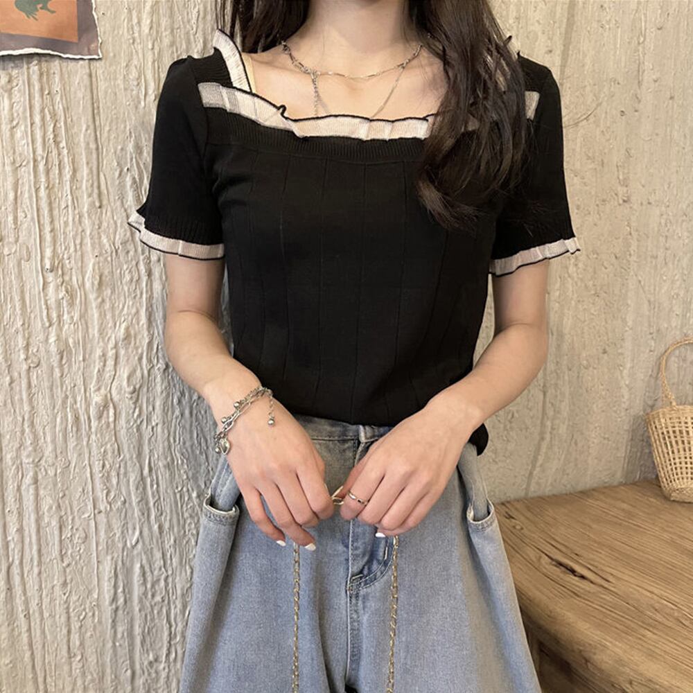 スクエアネック ニット 半袖 レディース トップス 春夏 韓国 おしゃれ きれいめ シンプル レース付き 大人 カジュアル リブニット 大人可愛い 大人女子