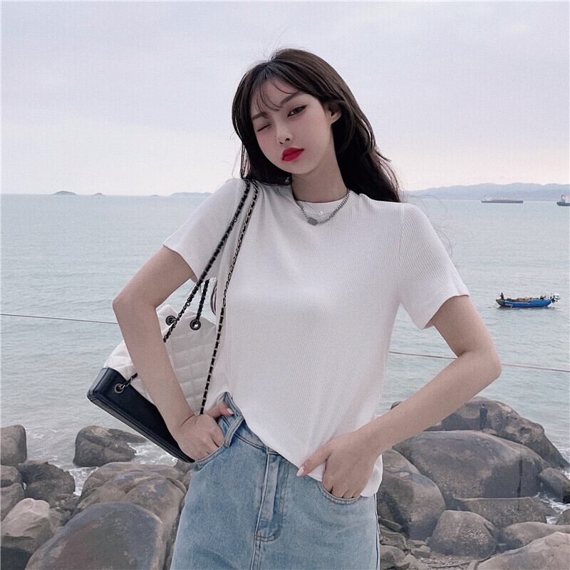 ホワイトニットTシャツ レディースサマースリム薄手トップス 夏物 クレセントシティ44309165311