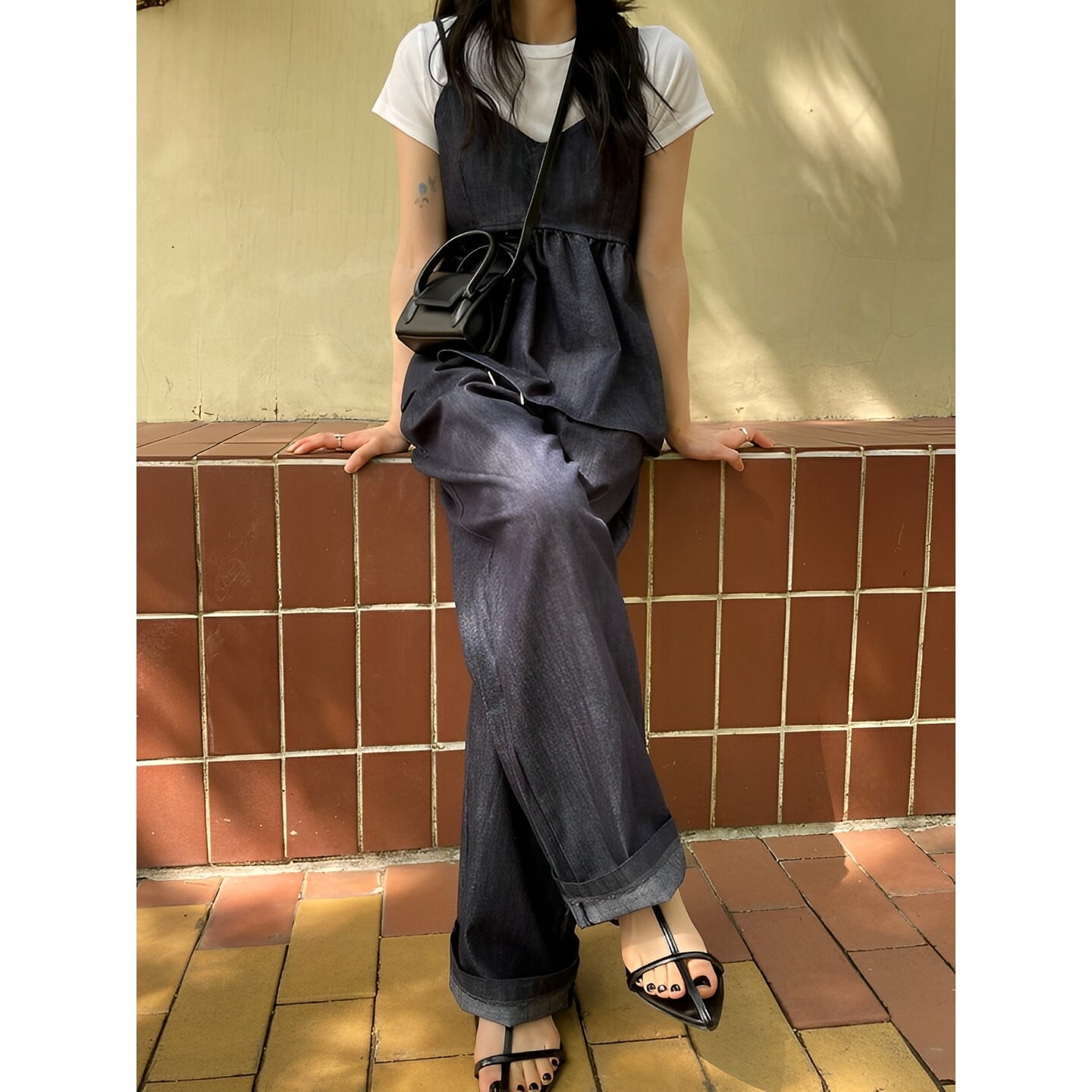 デニムキャミソールとパンツのセット セットアップ】デニム ショート丈キャミソール ジーンズ ワイド