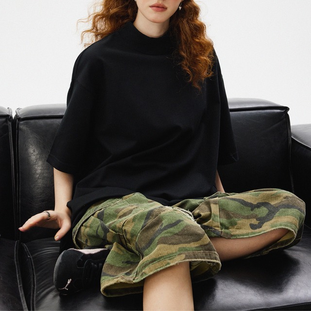 plain mock neck collar short sleeve tee　無地モックネックカラー半袖ティー　J0880