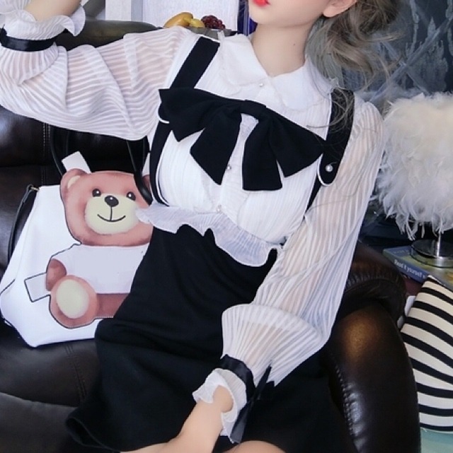 ଘ ଓ サスペンダー風ワンピース ଘ ଓ 量産型 地雷 ジャニオタ ガーリー 冬 リボンブラウス サブカル パンク Aライン Princesshyatt 量産型地雷系原宿系パンクストリートブラック韓国系厚底リュック