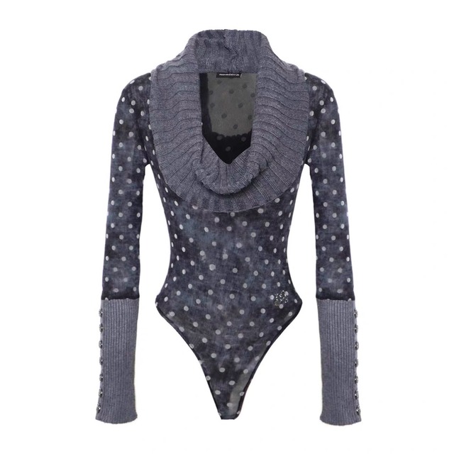 [Flowers birds market] Vintage Blue Spotted Knit Collar Top