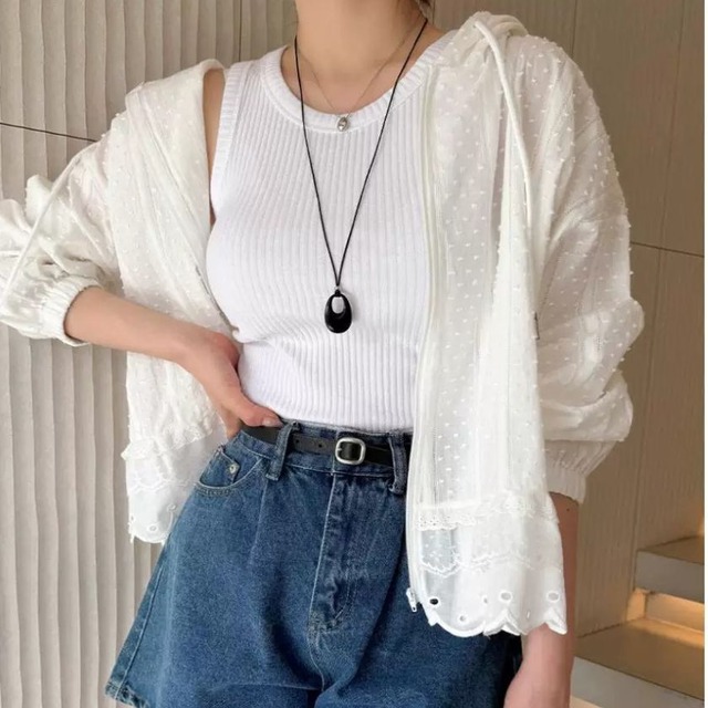 Lace & frill sheer hoodie A1714