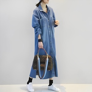【送料無料】ワンピース レディース デニムシャツ デニムシャツワンピ シャツワンピース シャツワンピ ロングシャツ 前ボタン フロントボタン 長袖 iライン aライン ロングワンピース ロング丈 マキシワンピース マキシ丈 スリット 羽織り 羽織 アウター オーバーサイズ ゆったり 着痩せ 細見え 体型カバー 大人 カジュアル きれいめ お洒落 おしゃれ リラックス 普段着 お出かけ 韓国 春 夏 秋 20代 30代 40代 50代 60代 大きいサイズ ブルー