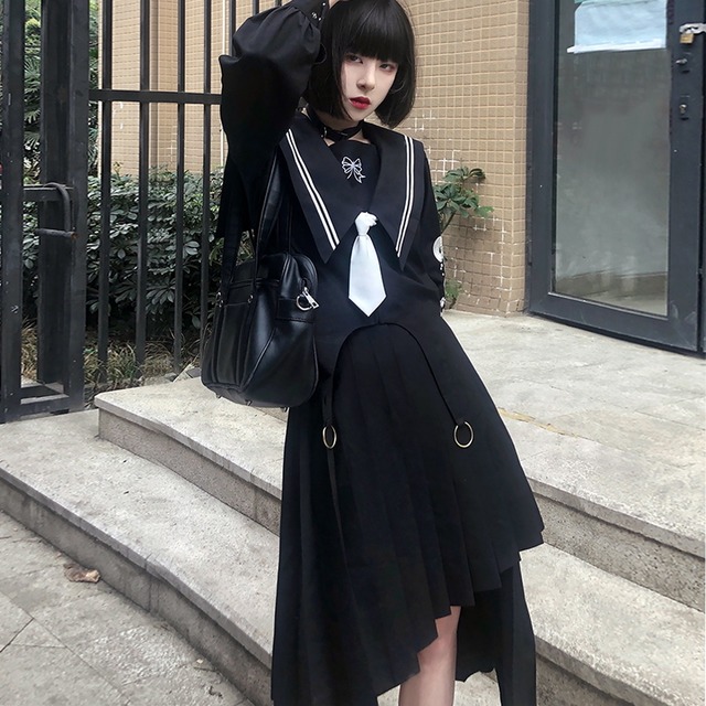 ゴスロリ通販 With U ゴシック ロリィタ セーラー服 長袖 刺繍 学園 制服 JK 原宿ファッション ストリート系 ゴスロリ服 地雷 病み可愛い