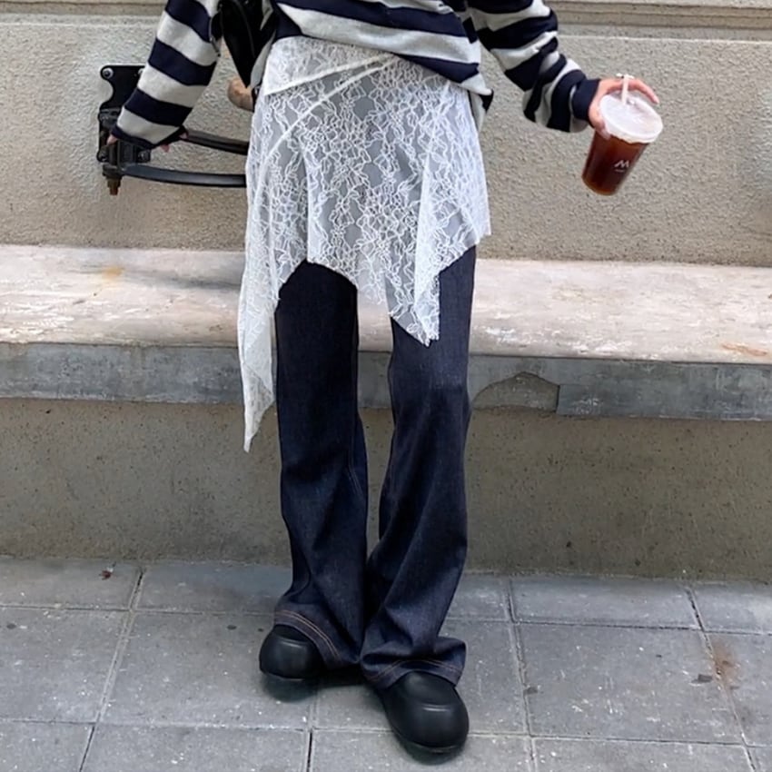 layered design lace flare denim pants J00162